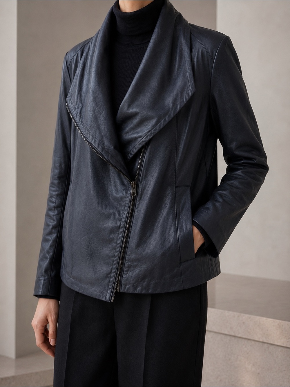Vince Navy Leather Asymmetrical Zip Jacket